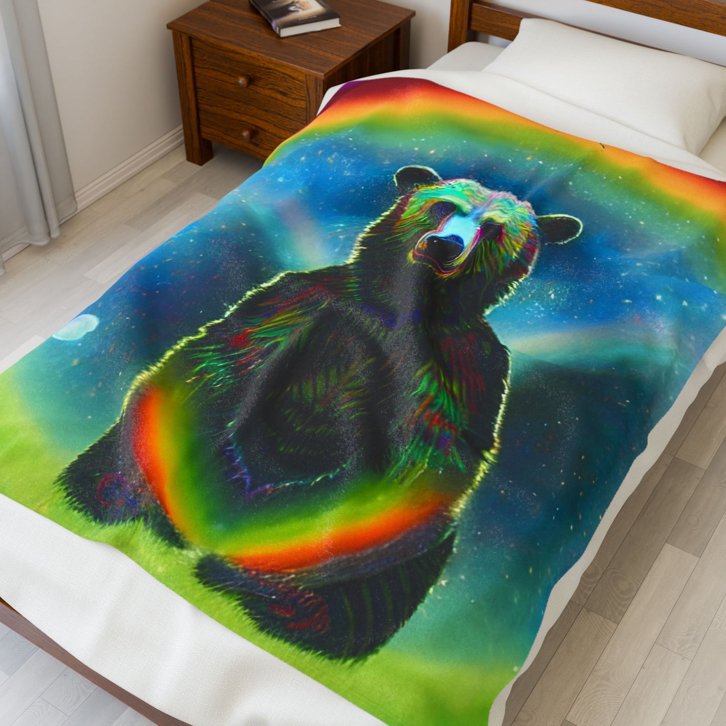 Psychedelic Rainbow Moon Bear Velveteen Plush Blanket