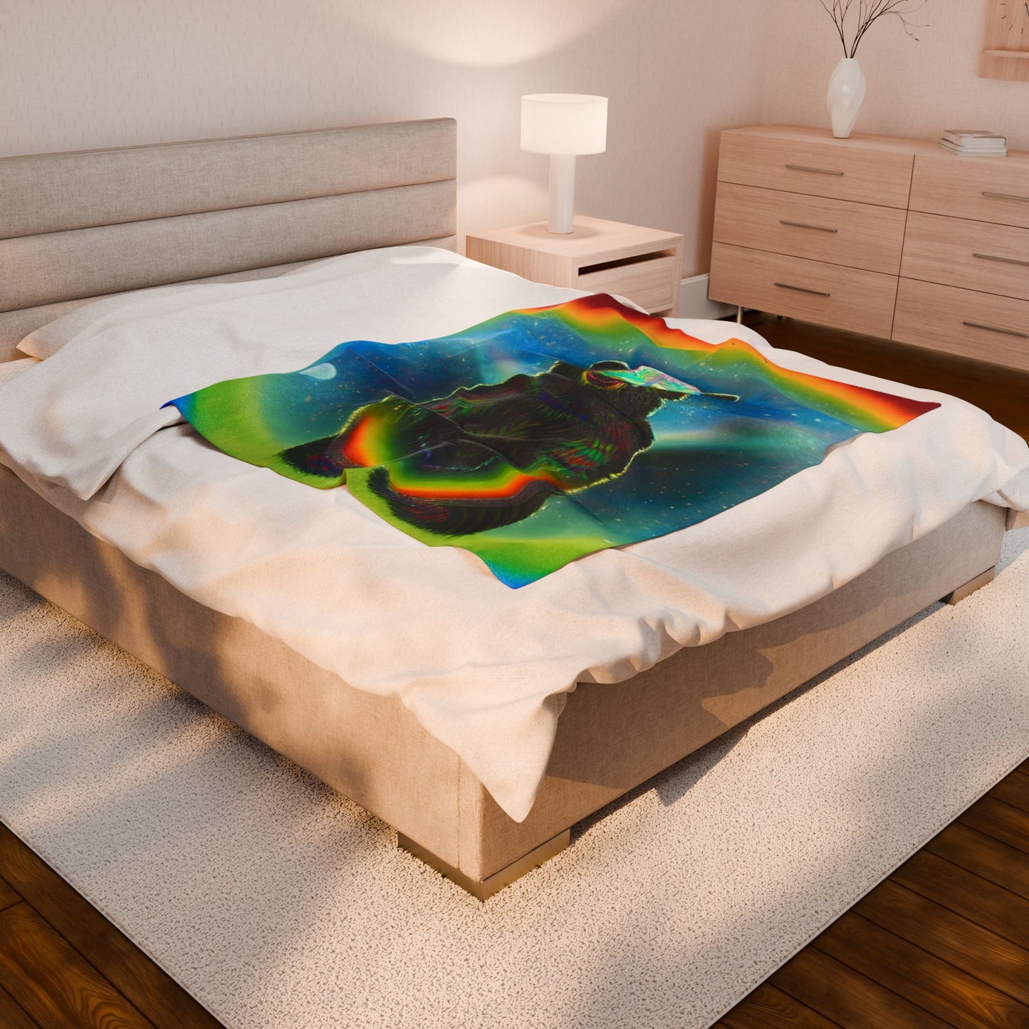 Psychedelic Rainbow Moon Bear Velveteen Plush Blanket