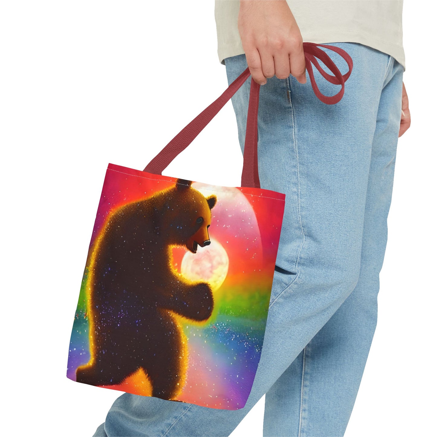 Dancing Psychedelic Rainbow Moon Bear Tote Bag (AOP)