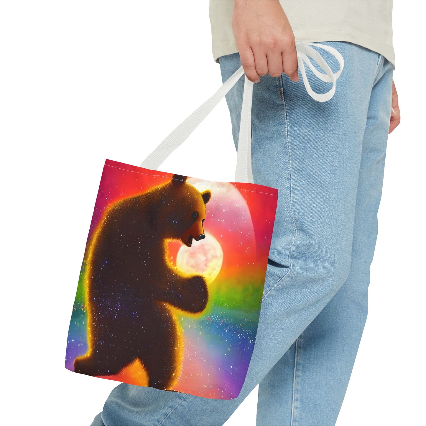 Dancing Psychedelic Rainbow Moon Bear Tote Bag (AOP)