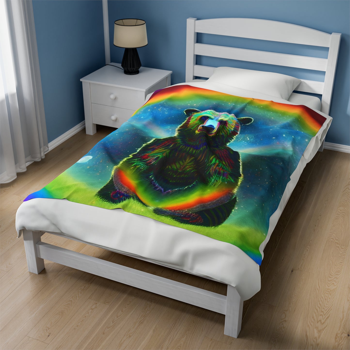 Psychedelic Rainbow Moon Bear Velveteen Plush Blanket