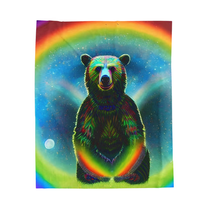 Psychedelic Rainbow Moon Bear Velveteen Plush Blanket