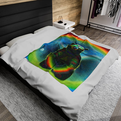 Psychedelic Rainbow Moon Bear Velveteen Plush Blanket