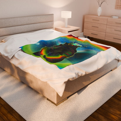 Psychedelic Rainbow Moon Bear Velveteen Plush Blanket