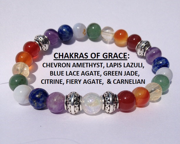 Chakras of Grace: Chevron Amethyst, Lapis Lazuli, Blue Lace Agate, Jade, Citrine, Fire Agate, Carnelian & Crystal Quartz Gemstone Beaded Energy Bracelet-ThePottersStones