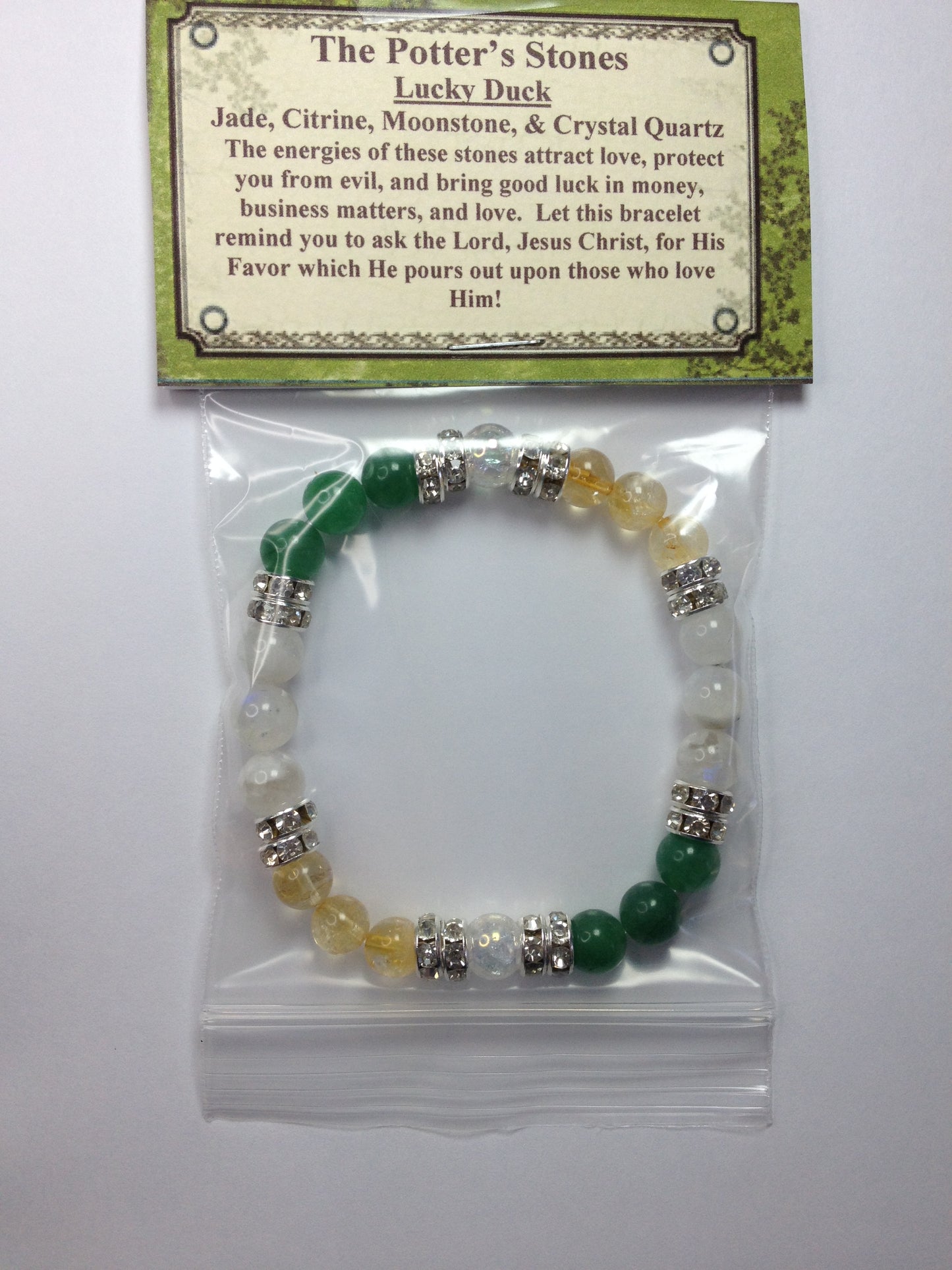 Lucky Duck: Natural Jade, Citrine, Moonstone, & Crystal Quartz Gemstone Energy Beaded Stretch Bracelet-ThePottersStones