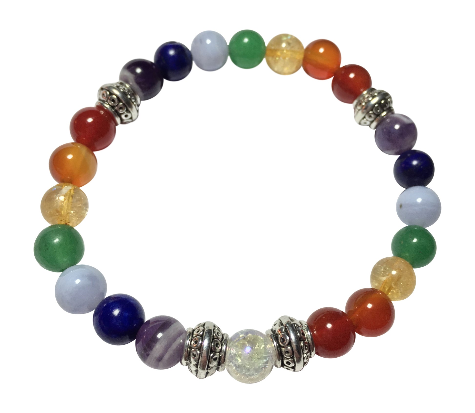 Chakras of Grace: Chevron Amethyst, Lapis Lazuli, Blue Lace Agate, Jade, Citrine, Fire Agate, Carnelian & Crystal Quartz Gemstone Beaded Energy Bracelet-ThePottersStones