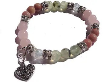 Love: Natural Rose Quartz, Rhodochrosite, & Prehnite Gemstone Beaded Energy Stretch Bracelet-ThePottersStones